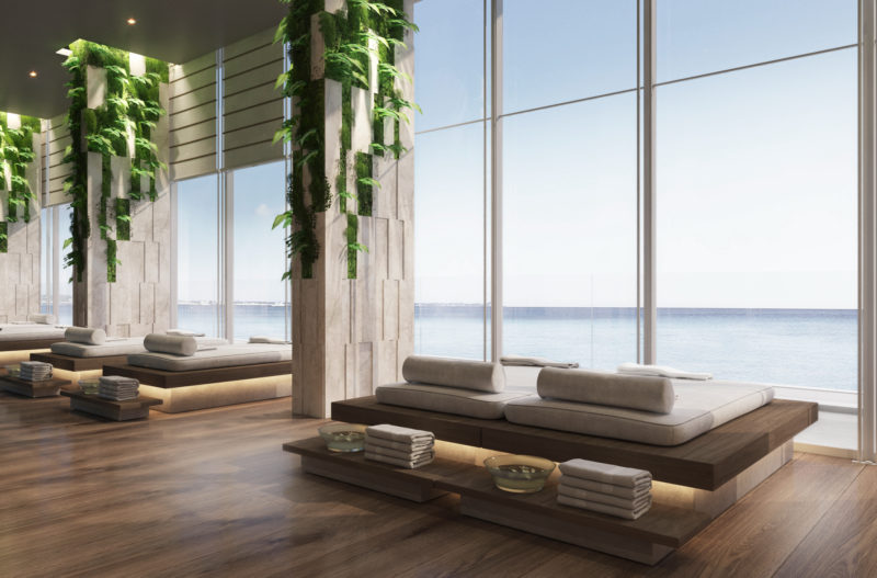 A rendering of the spa at Kailani Cayman, featuring lounges and views of Seven Mile